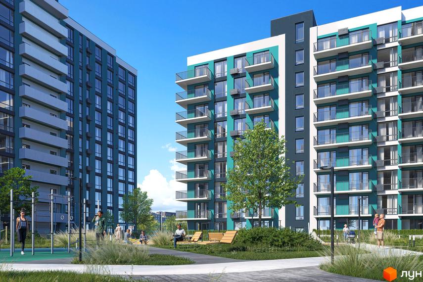 Зовнішній вигляд новобудови ЖК URBN з балконами та вікнами, прибудинкова територія з зоною для відпочинку та спортивним майданчиком.