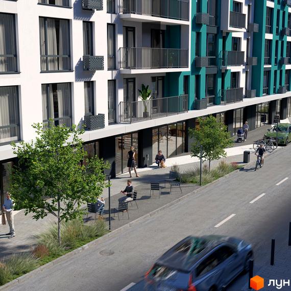 Житловий комплекс URBN з фасадами білого та бірюзового кольорів, балконами та комерційними приміщеннями на першому поверсі. Прибудинкова територія з деревами, лавками та тротуаром.