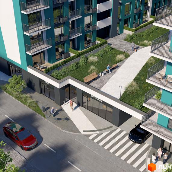 Зовнішній вигляд новобудови ЖК URBN з зеленими зонами та місцями для відпочинку. Прибудинкова територія з доріжками, лавками та парковкою.