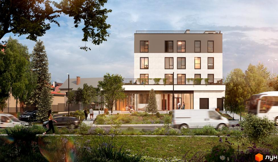 Житловий комплекс Зелена: багатоповерхова новобудова з балконами та великими вікнами, поруч зелена зона з деревами та дорогою.