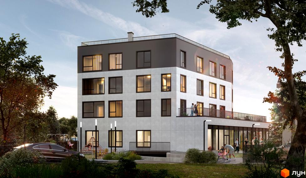 Житловий комплекс Зелена: фасад будинку з великими вікнами та балконами, дитячий майданчик та зона відпочинку біля будинку.