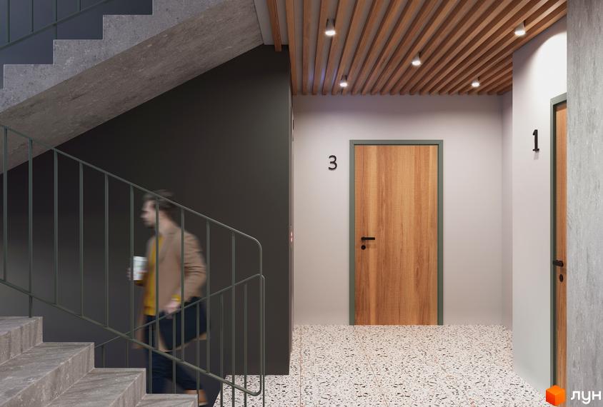 Вхідна група житлового комплексу Зелена з дверима номер 1 та 3, сходами та оздобленням стелі дерев'яними рейками.