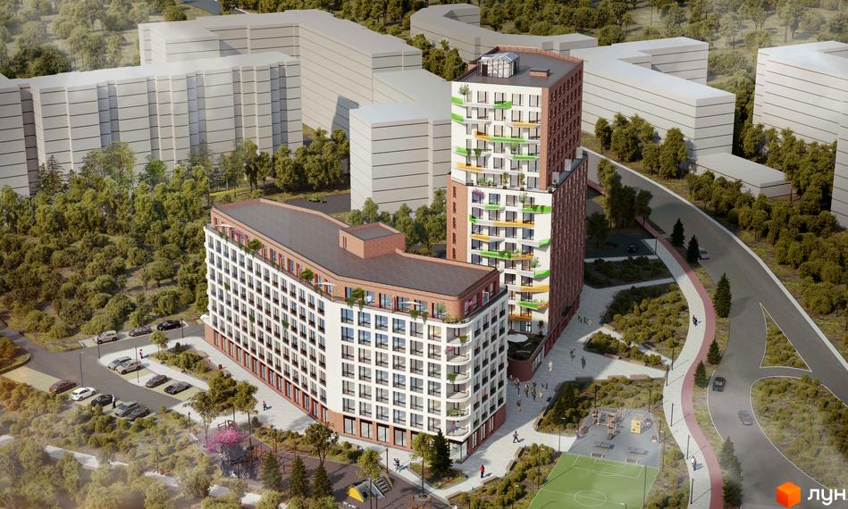 Житловий комплекс Величковського 7-Б з цегляним оздобленням та білими фасадами, поруч зелена зона та спортивний майданчик.