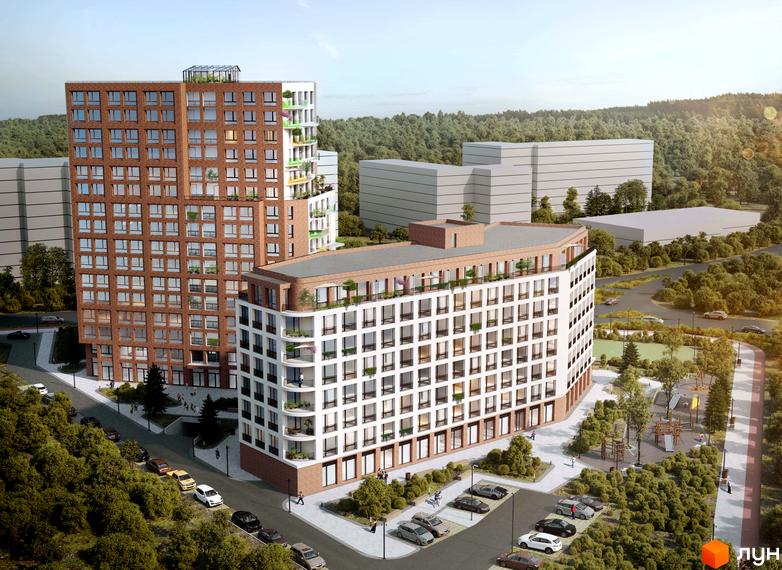 Житловий комплекс Величковського 7-Б з цегляними та білими фасадами, балконами та прибудинковою територією з дитячим майданчиком та парковкою.