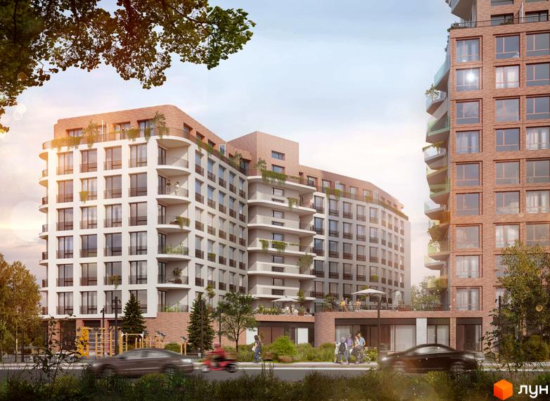 Житловий комплекс Величковського 7-Б з фасадами білої штукатурки та цегли, балконами та прибудинковою територією з дитячим майданчиком.