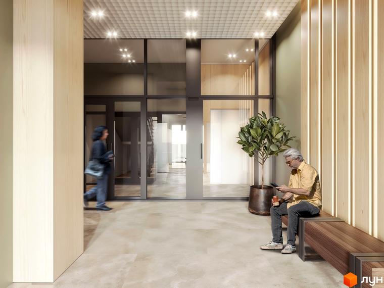 Новобудова Величковського 7-Б: просторий хол з дерев'яними панелями, скляними дверима та зоною відпочинку. Сучасний дизайн інтер'єру для комфортного проживання.