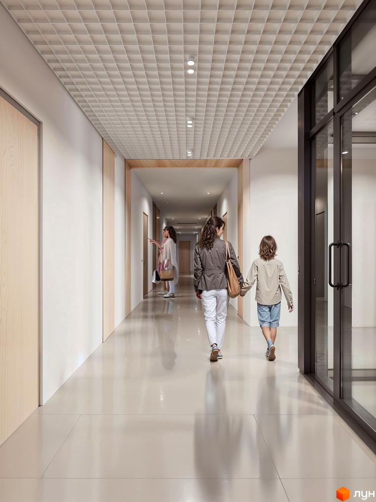 Житловий комплекс Величковського 7-Б: просторий коридор з дерев'яними елементами та підвісною стелею. Два відвідувачі йдуть коридором.