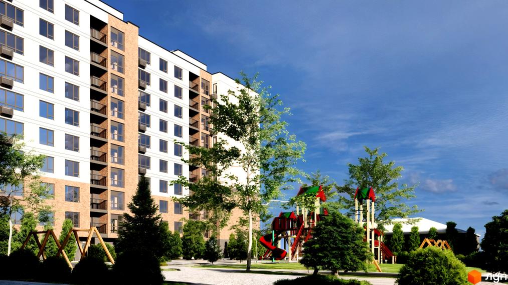 Зовнішній вигляд новобудови ЖК Альянс з цегляними та білими фасадами, балконами та кондиціонерами. Поруч розташований дитячий майданчик та зелені насадження.