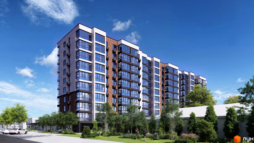 Зовнішній вигляд житлового комплексу Альянс з цегляними та скляними фасадами, зеленою прибудинковою територією та деревами.