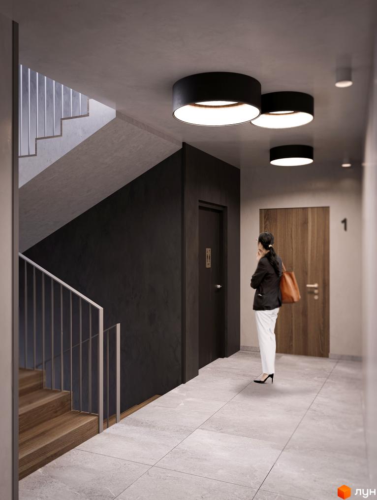 Сучасний інтер'єр сходової клітки з дерев'яними сходами та дверима. ЖК Героїв Крут - комфортне житло для вашої родини.