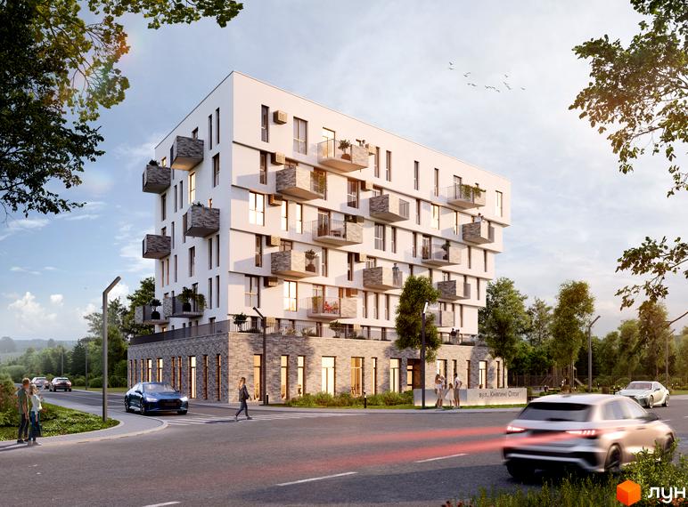 Зовнішній вигляд новобудови ЖК Героїв Крут з балконами та прибудинковою територією. Фотографія фасаду будинку та вулиці.