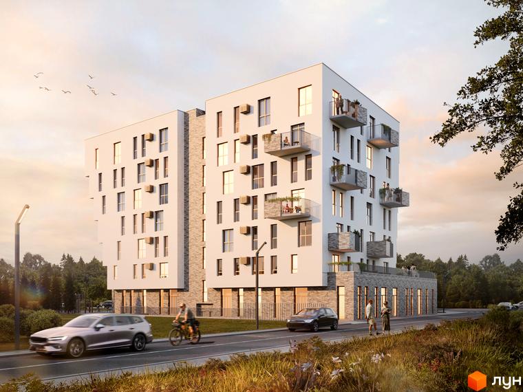 Новобудова Героїв Крут – це сучасна багатоповерхова будівля з балконами та великими вікнами. Територія навколо прикрашена деревами та дорогою з автомобілями та велосипедистами.