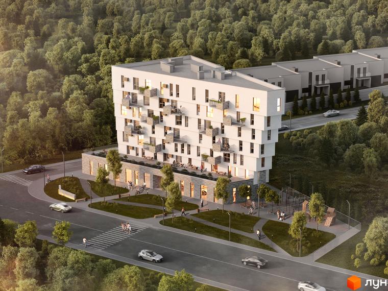 Житловий комплекс Героїв Крут: біла багатоповерхівка з балконами та прибудинкова територія з дитячим майданчиком та дорогою.