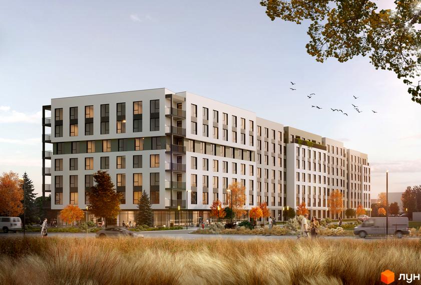 Житловий комплекс Героїв Крут 2: багатоповерхова новобудова з балконами та великими вікнами, перед якою розташована прибудинкова територія з деревами та людьми.