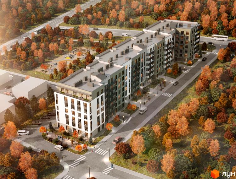 Зовнішній вигляд житлового комплексу Героїв Крут 2 з фасадом у сірих та білих тонах, оточений осіннім парком та дитячим майданчиком.