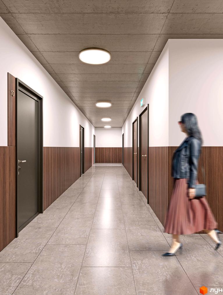 Коридор в новобудові ЖК Героїв Крут 2 з дверима та освітленням. Зовнішній вигляд будинку.