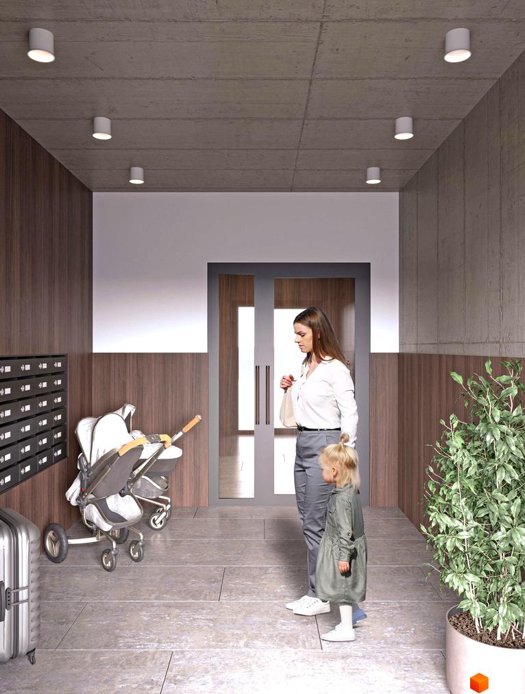 Житловий комплекс Героїв Крут 2: сучасний вхід з дитиною та дитячим візком, облаштований під'їзд з поштовими скриньками та зеленою рослиною.