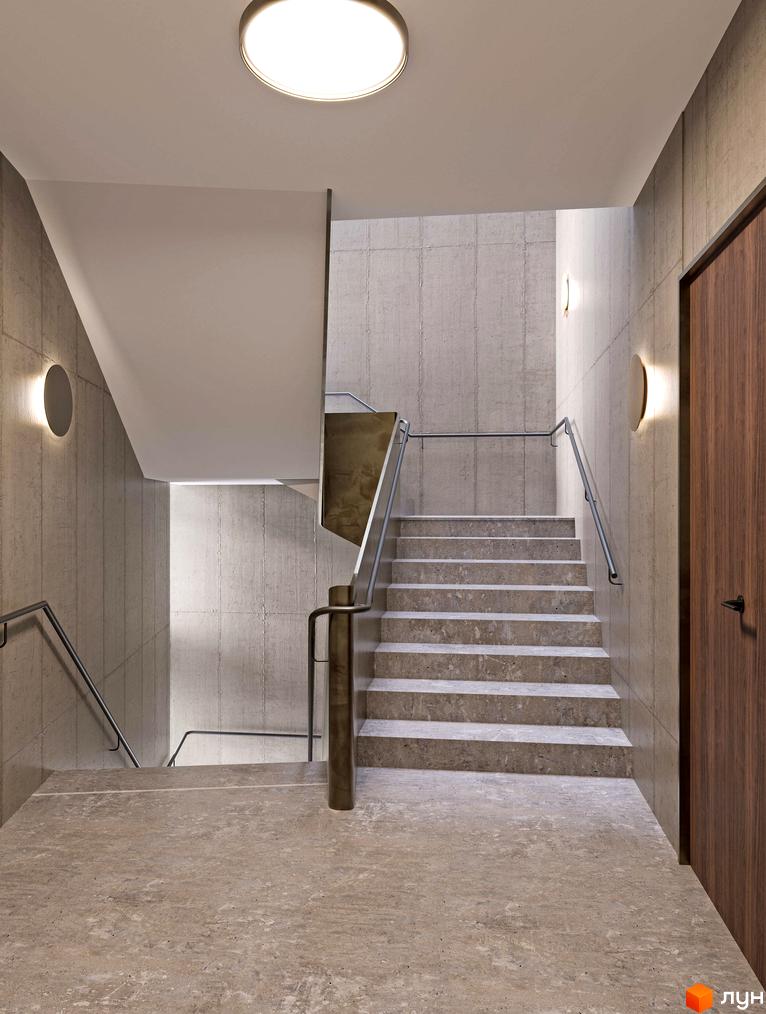 Сходи в ЖК Героїв Крут 2 з бетонними стінами та дерев'яними дверима. Сучасний дизайн сходів та оздоблення.