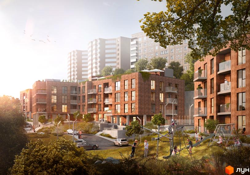 Житловий комплекс на Лисеницькій. Цегляні будинки з балконами та зеленою зоною з дитячим майданчиком.