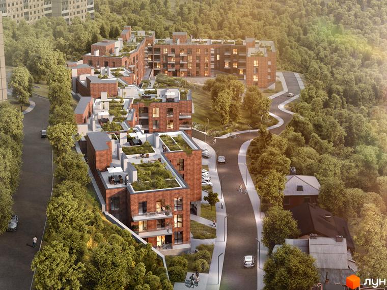 Житловий комплекс ЖК на Лисеницькій з червоної цегли з зеленими терасами та доглянутою прибудинковою територією.