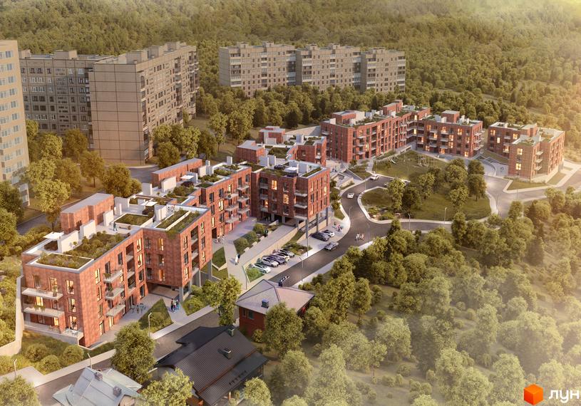 Новобудова ЖК на Лисеницькій - це цегляні будинки з зеленими дахами, розташовані серед дерев. Територія комплексу має дороги, парковки та дитячі майданчики.