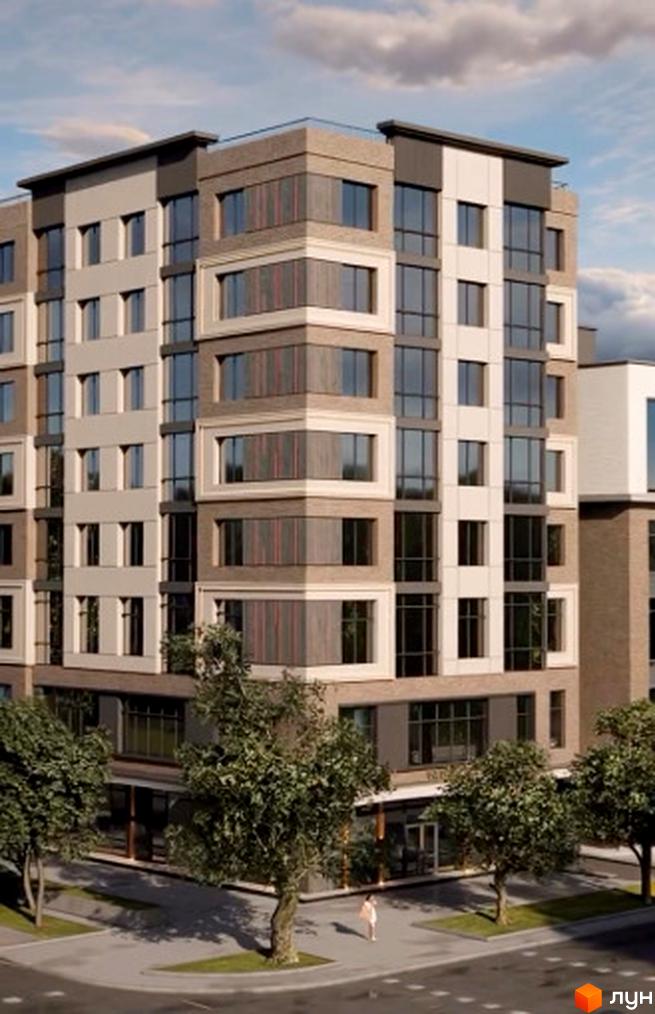 Зовнішній вигляд новобудови на вул. Байди Вишневецького, 46, вул. Гоголя, 241, з прибудинковою територією та деревами. Будинок має багато вікон та цегляні елементи фасаду.