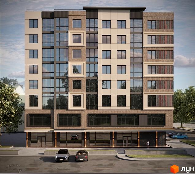Фасад новобудови з цегляним та світлим оздобленням, великими вікнами та комерційними приміщеннями на першому поверсі. Поруч дорога з автомобілями та зелені насадження.