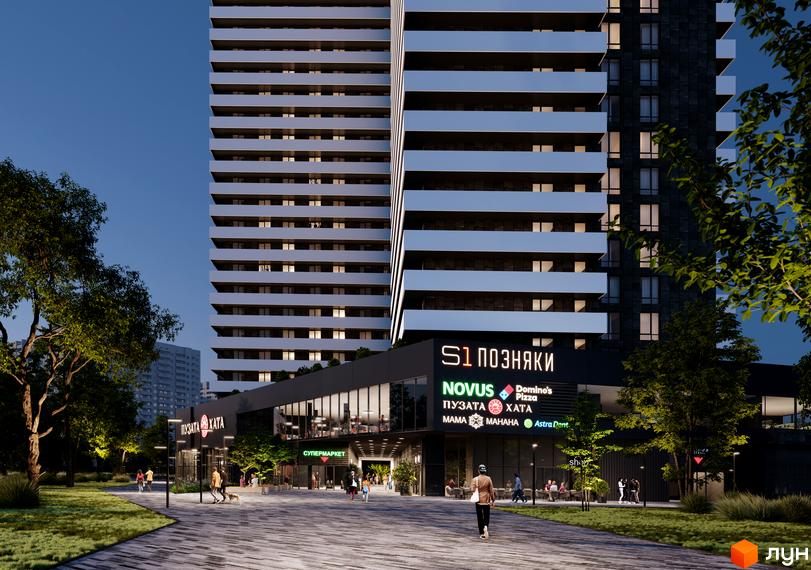 Житловий комплекс S1 Позняки з фасадом з білих та темних панелей. Навколо комплексу зелена зона відпочинку та комерційні приміщення.