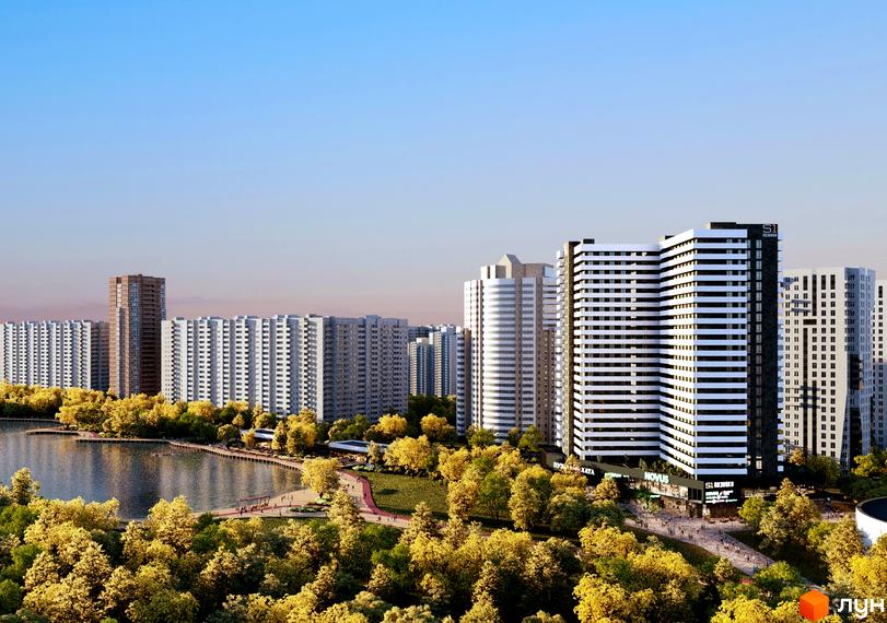 Новобудова S1 Позняки з фасадами у чорно-білу смужку, розташована біля озера та парку з деревами.