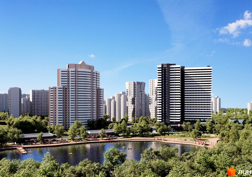 Новобудова S1 Позняки з чорно-білими фасадами та озерцем поруч. Навколо зелена зона з деревами та зонами відпочинку.