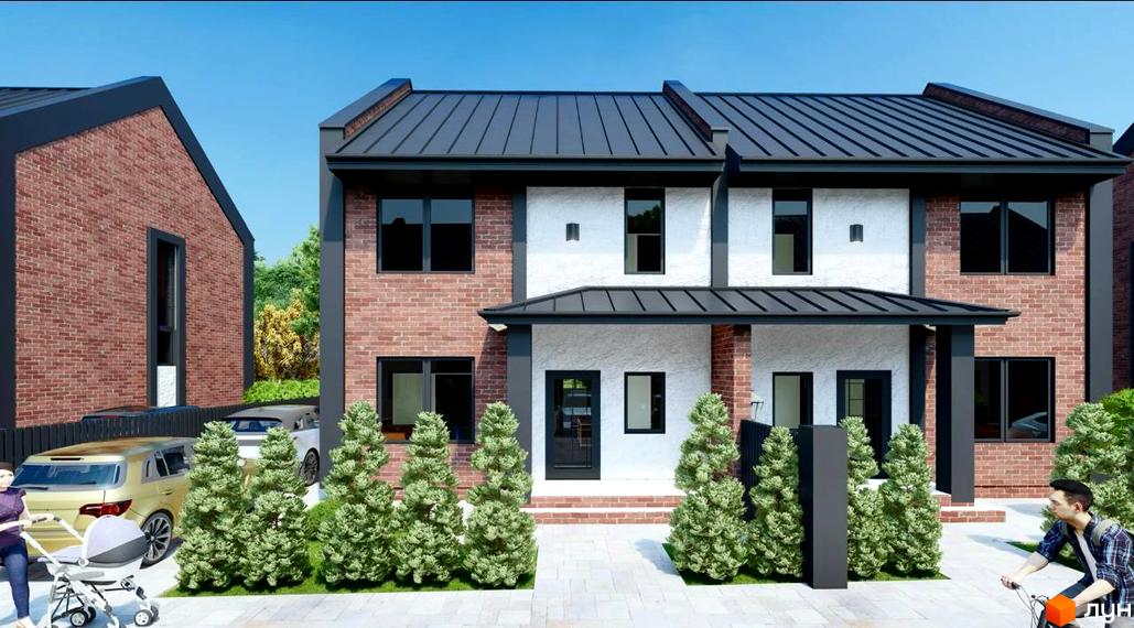 Зображення сторінки житлового комплексу BrownHill. Цегляні будинки з чорним дахом та білими стінами, перед будинками зелені дерева та тротуар.