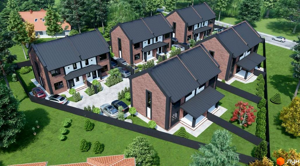 Зображення сторінки житлового комплексу BrownHill. Цегляні дуплекси з темними дахами, білими фасадами та доглянутою прибудинковою територією з газонами та деревами.