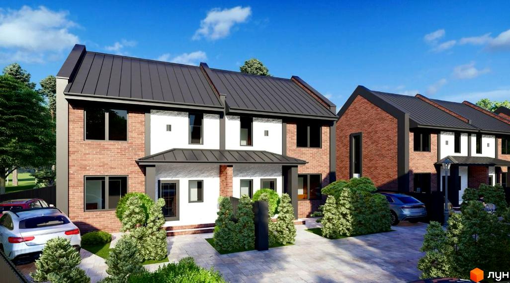 Зображення сторінки житлового комплексу BrownHill. Цегляні будинки з темною покрівлею та доглянутою прибудинковою територією з зеленими насадженнями.