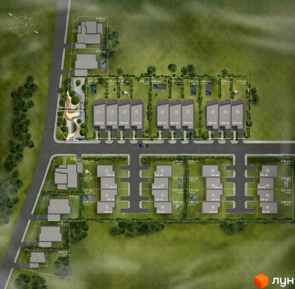 Планування котеджів у Містечку котеджів Sofia Village. На зображенні представлені будинки з прилеглими ділянками та зеленою зоною.