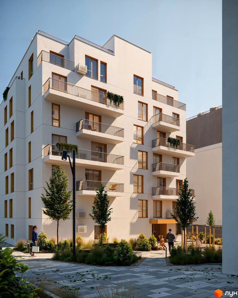 Біла багатоповерхова новобудова з балконами та вікнами з деревʼяними рамами. На прибудинковій території висаджені дерева та кущі, облаштовані доріжки для прогулянок.