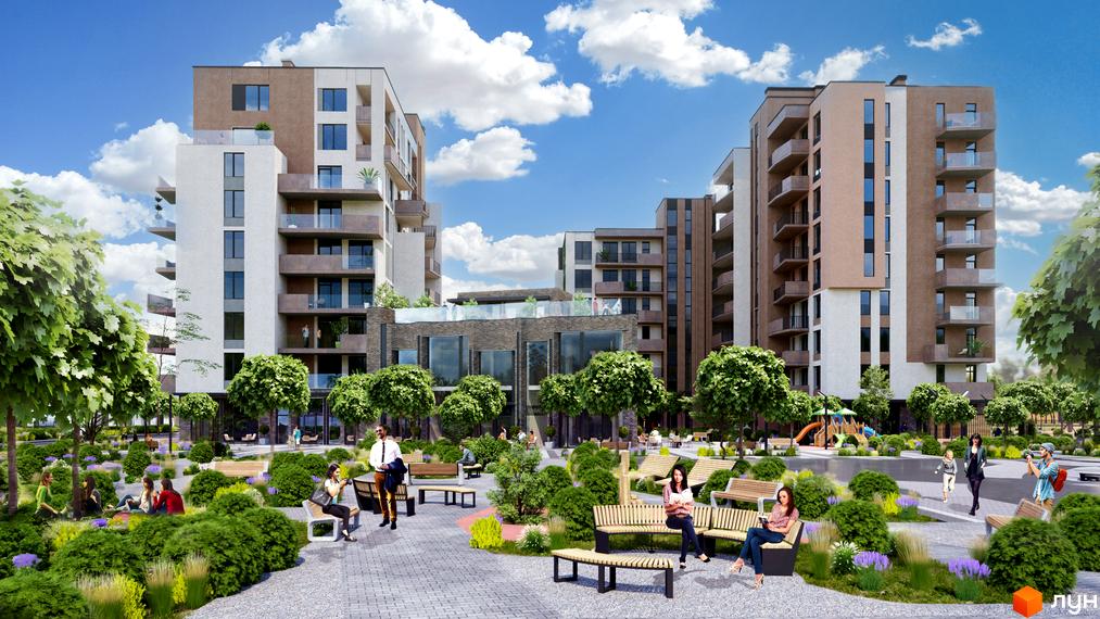 Житловий комплекс LIZROME з сучасними будинками та доглянутою прибудинковою територією з ландшафтним дизайном, місцями для відпочинку та дитячим майданчиком.