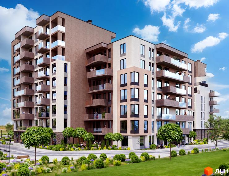 Багатоповерховий будинок житлового комплексу LIZROME з просторими балконами та панорамними вікнами. На прибудинковій території зелені насадження та доріжки для прогулянок.