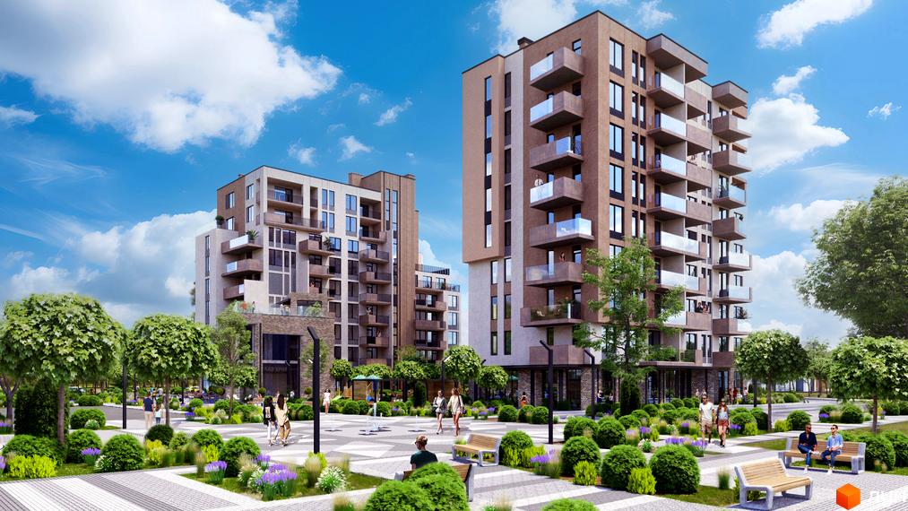 Високі будинки житлового комплексу LIZROME з балконами та скляними огородженнями. На території комплексу є доріжки, лавки та зелені насадження.