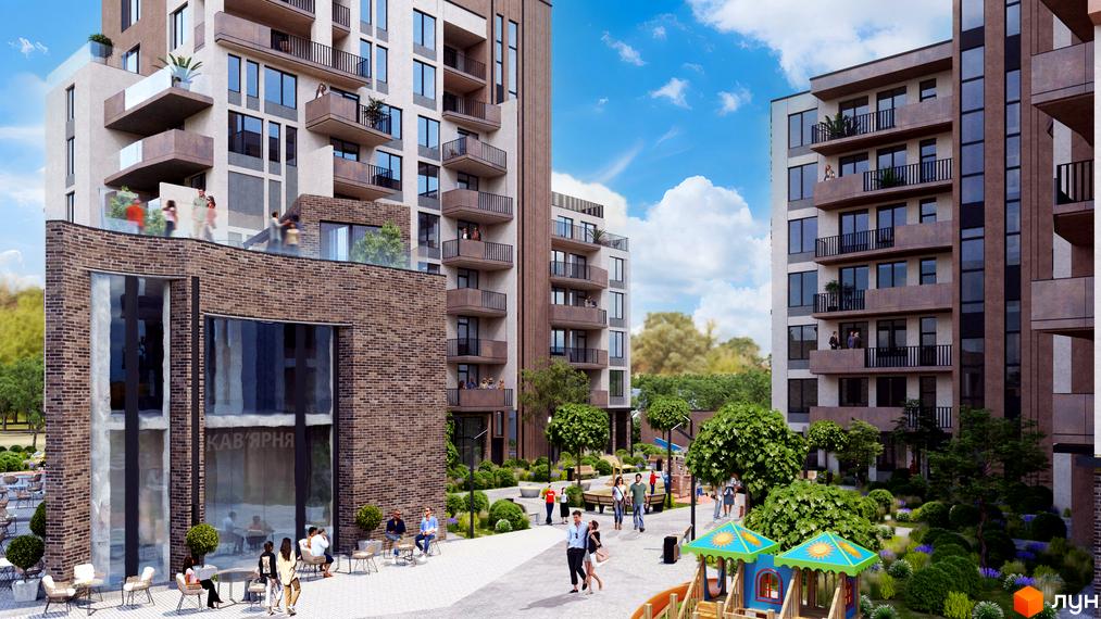 Вигляд житлового комплексу LIZROME. Високі будинки з балконами та терасами, навколо доглянута територія з дитячим майданчиком та зеленими насадженнями.
