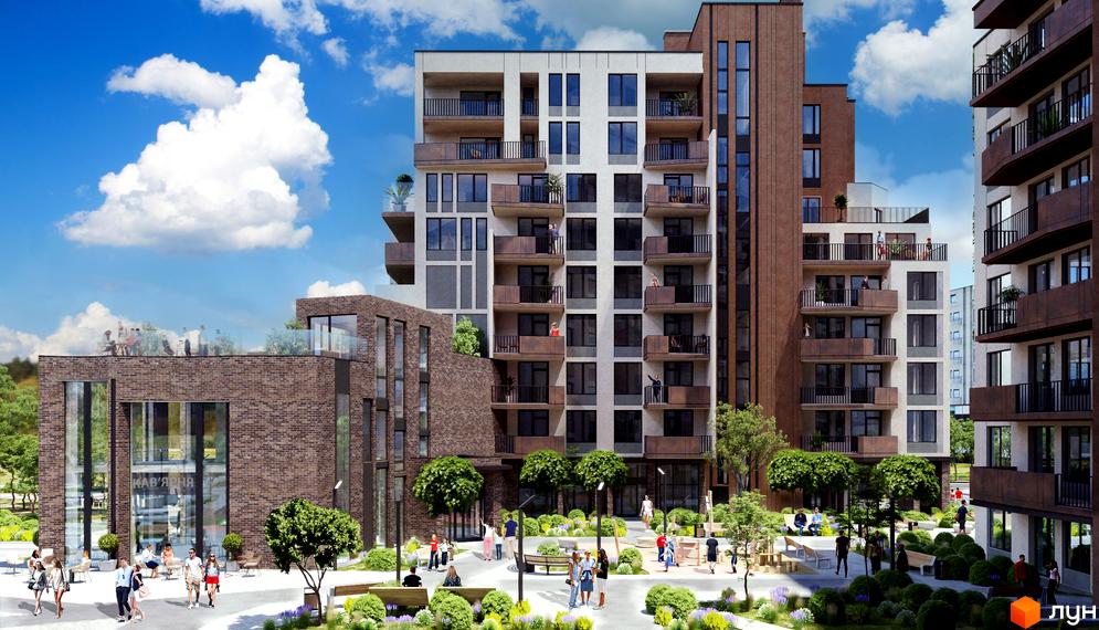 Багатоповерховий будинок з балконами та терасами, облицьований світлим та коричневим матеріалом. На території ЖК LIZROME є зелені зони, лавки та дитячий майданчик.