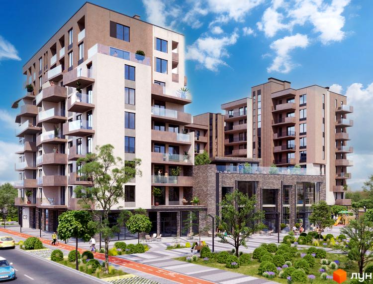 Багатоповерховий будинок житлового комплексу LIZROME з балконами та терасами. На прибудинковій території зелені насадження, пішохідна зона та велодоріжка.