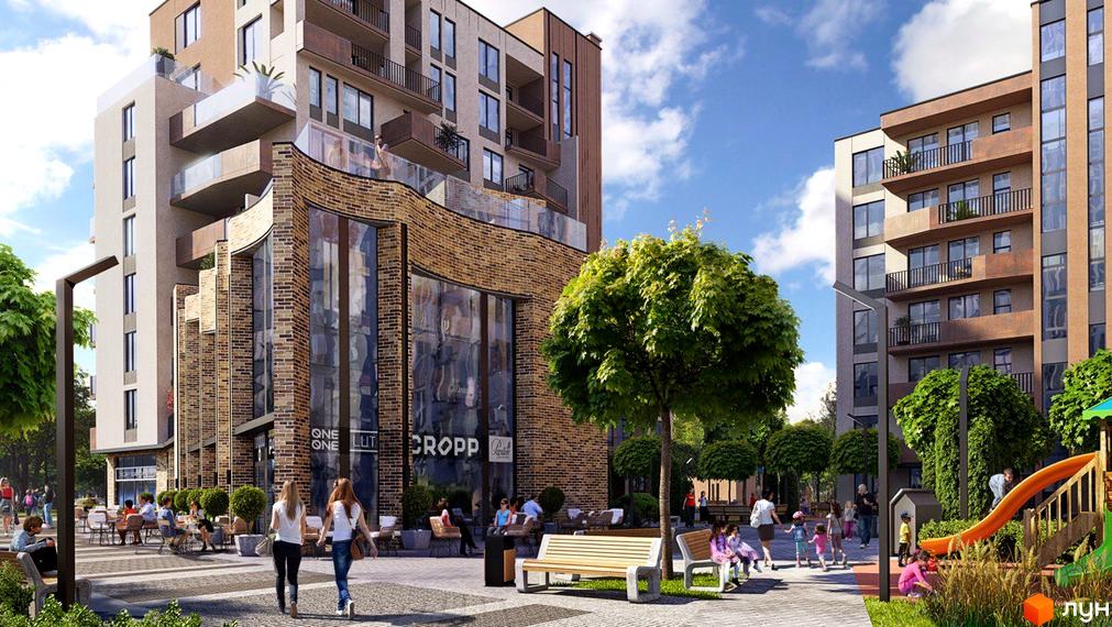 Зображення сторінки житлового комплексу LIZROME. На фото будівля з великими вікнами, поруч дитячий майданчик, лавки для відпочинку та зелені насадження.