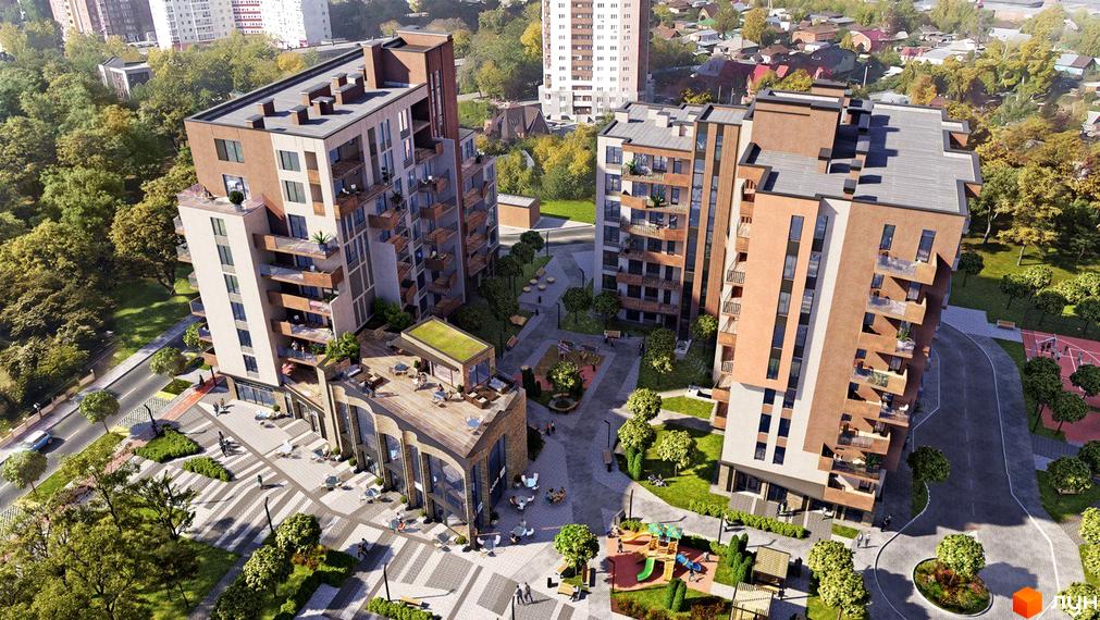 Житловий комплекс LIZROME з багатоповерховими будинками, балконами та терасами. На території комплексу є дитячий майданчик, зелені зони та місця для відпочинку.