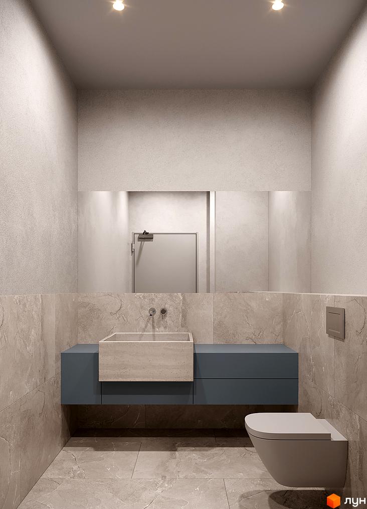 Інтер'єр ванної кімнати в ЖК LIZROME. Простора ванна кімната з підвісним унітазом, тумбою з раковиною та великим дзеркалом.