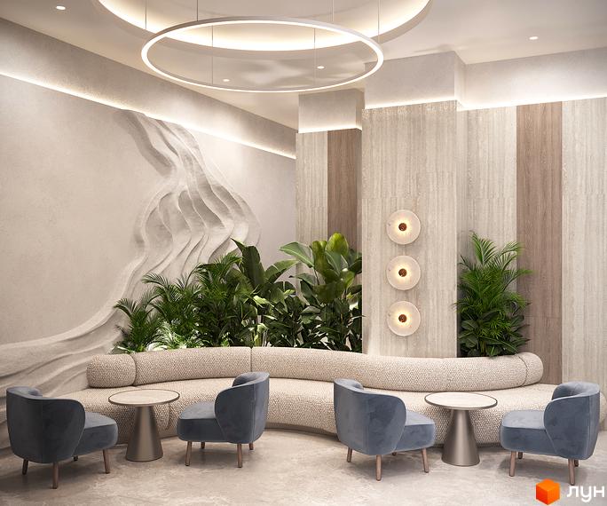 Інтер'єр зони відпочинку в житловому комплексі LIZROME. М'які дивани, столики та крісла розташовані біля стіни з рослинами.