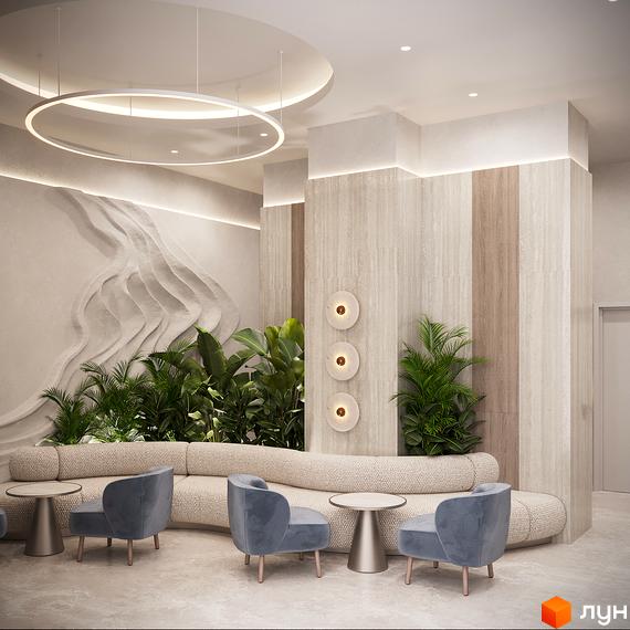 Інтер'єр зони відпочинку в житловому комплексі LIZROME. Простора вітальня з м'якими меблями, декоративними рослинами та оригінальним освітленням.