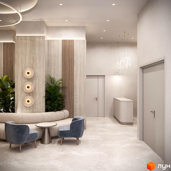 Інтер'єр холу в житловому комплексі LIZROME з м'якими меблями, рослинами та незвичайним освітленням, що створює атмосферу затишку.