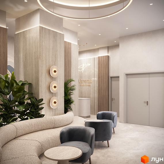 Інтер'єр холу житлового комплексу LIZROME з м'якими меблями та декоративним освітленням. Просторий холл з рослинами та столиками для відпочинку.