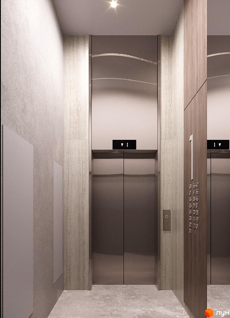 Ліфтовий хол в новобудові. Дзеркальні двері ліфтів, стіни з декоративним оздобленням, інформаційне табло з номером поверху.