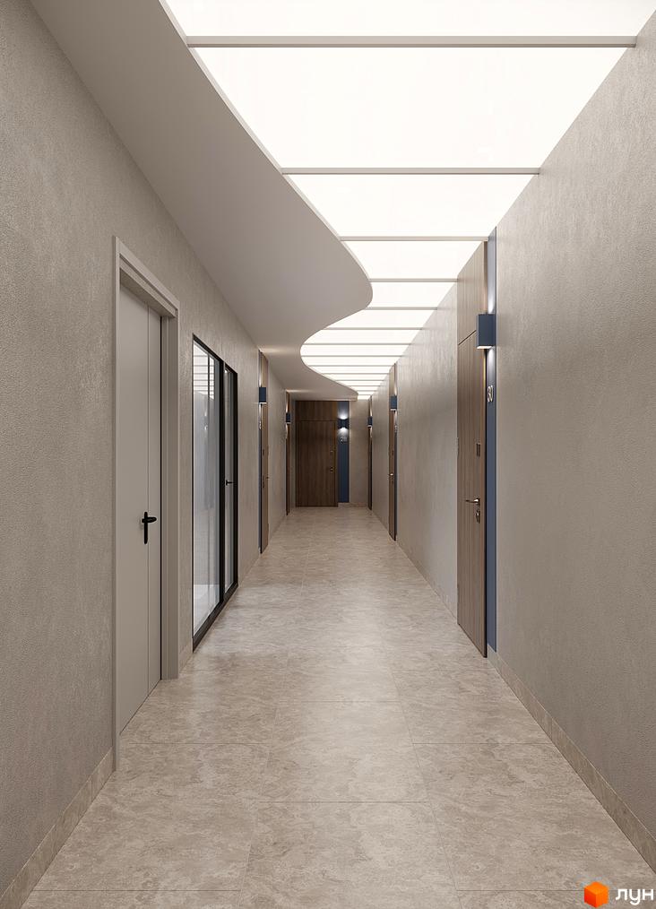 Коридор в новобудові. Світле приміщення з дверима, стінами з текстурною обробкою та цікавим дизайном стелі. На стінах розташовані світильники.